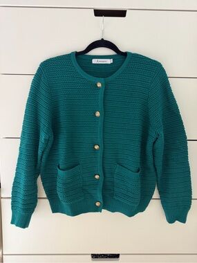 Teal Knit Pocket Cardigan with Gold Buttons